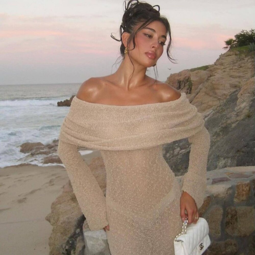 One-Shoulder Knitted Long Sleeve Dress |  Beach Holiday | S–L